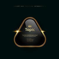 Triangle premium quality banners with crown, a gold triangle  black metallic round badge, a Gold shiny button, set of three metallic golden infographic vector