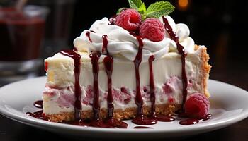 AI generated Homemade chocolate cheesecake with fresh raspberry and whipped cream generated by AI photo
