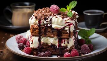 AI generated Homemade chocolate dessert with fresh raspberry and whipped cream generated by AI photo