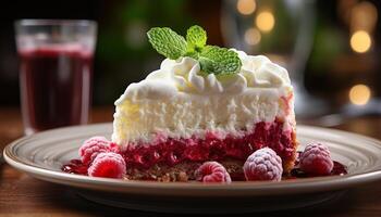 AI generated Homemade gourmet dessert Raspberry cheesecake with fresh fruit and cream generated by AI photo