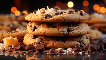 ai generado un apilar de hecho en casa chocolate chip galletas en un mesa generado por ai foto