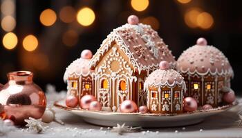 AI generated Homemade gingerbread house decoration on winter dessert table generated by AI photo