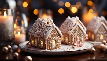 AI generated Homemade gingerbread house decorated with icing and candy, illuminated by candlelight generated by AI photo