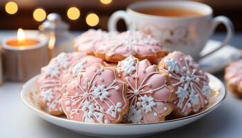 AI generated Homemade dessert sweet cookie with chocolate icing on pink plate generated by AI photo