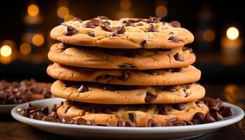 AI generated Homemade chocolate chip cookies on rustic wooden table generated by AI photo