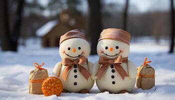 AI generated Snowman smiling, cute toy, cheerful snowflake, joyful family playing outdoors generated by AI photo