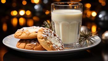 AI generated Homemade chocolate chip cookies on rustic table, illuminated by candle generated by AI photo