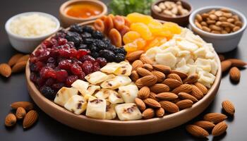 AI generated Healthy eating almond, cashew, hazelnut, walnut, pecan, peanut, apricot, cranberry, grape, seed generated by AI photo