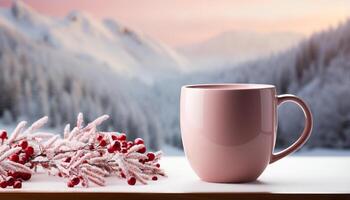 AI generated Freshness in nature hot drink, coffee cup, mountain, snow generated by AI photo