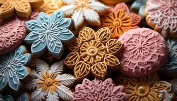 ai generado hecho en casa galletas, decorado con Formación de hielo, en varios formas y colores generado por ai foto