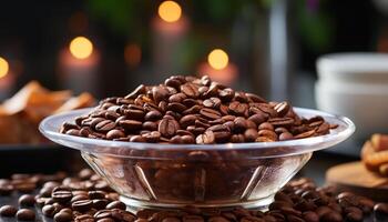AI generated Freshly ground coffee beans on a wooden table, aromatic and inviting generated by AI photo