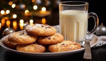 AI generated Homemade chocolate chip cookies on rustic wooden table, indulgent dessert generated by AI photo