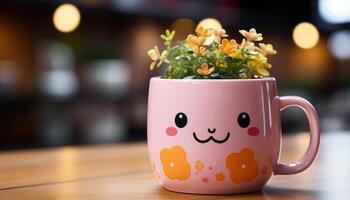 AI generated Smiling cute flower on table, cheerful nature in vase generated by AI photo