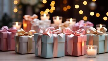 ai generado Navidad celebracion regalo caja, decoración, vela, invierno, fondo, fuego, paquete, mesa generado por ai foto