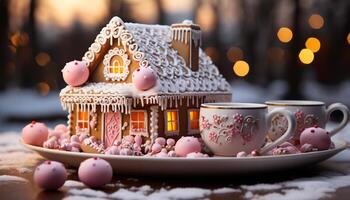AI generated Homemade gingerbread house decorated with icing, candy, and snowflakes generated by AI photo