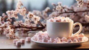 AI generated Fresh coffee, sweet marshmallow, pink blossom, rustic table, nature still life generated by AI photo