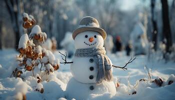 AI generated Snowman smiling outdoors, winter celebration, cheerful decoration, frozen joy generated by AI photo