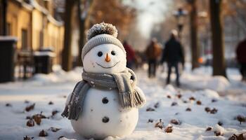 AI generated Cheerful snowman playing in winter, bringing joy and happiness generated by AI photo