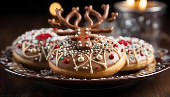 AI generated Homemade snowman cookie on wood table, a sweet winter delight generated by AI photo