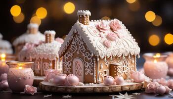 AI generated Homemade gingerbread house on snow covered table, decorated with icing generated by AI photo