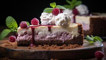 AI generated Homemade gourmet dessert fresh raspberry cheesecake with chocolate and mint generated by AI photo