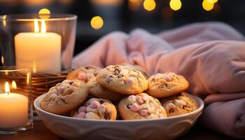 AI generated Homemade chocolate chip cookies on rustic wooden table, Christmas lights generated by AI photo