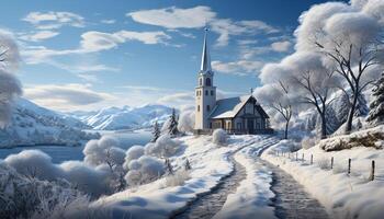 AI generated Winter landscape snow covered mountains, forest, and chapel under a blue sky generated by AI photo