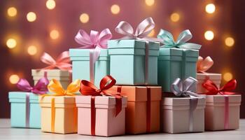 AI generated A stack of wrapped gift boxes, vibrant colors illuminate celebration generated by AI photo