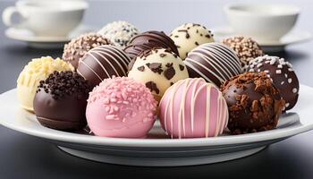 AI generated Gourmet dessert collection chocolate truffles, cookies, and milkshake generated by AI photo