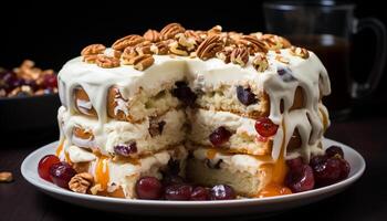 ai generado hecho en casa gastrónomo postre Fresco Fruta rebanada con azotado crema generado por ai foto