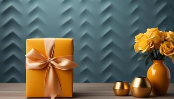 AI generated A modern gold colored gift box, a celebration of love generated by AI photo