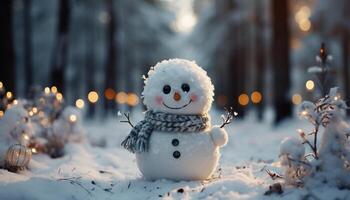 ai generado alegre monigote de nieve sonriente, invierno celebracion al aire libre, nevando, brillante Navidad árbol generado por ai foto