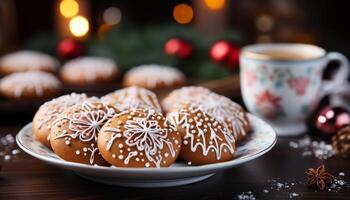 AI generated Homemade dessert chocolate cookie with icing, decorated for Christmas generated by AI photo