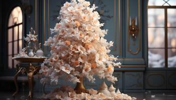ai generado invierno celebracion Navidad árbol, vela, regalo, nieve, ornamento, decoración generado por ai foto