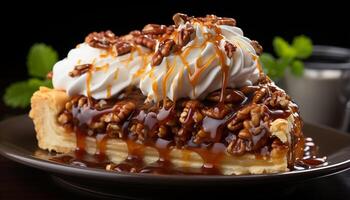 ai generado Fresco hecho en casa chocolate postre en un plato con azotado crema generado por ai foto