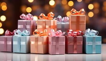 AI generated A stack of wrapped gift boxes, shiny and colorful generated by AI photo