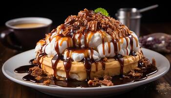 AI generated Homemade pancake stack with whipped cream and chocolate sauce generated by AI photo
