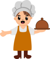 Cute cartoon kid girl chef holding food tray png