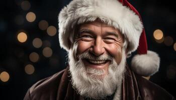 ai generado sonriente hombre en invierno, celebrando con alegre, iluminado Navidad luces generado por ai foto