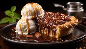 AI generated Indulgent homemade dessert sweet pie with chocolate sauce and whipped cream generated by AI photo