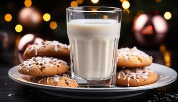 AI generated Freshly baked chocolate chip cookies on a rustic wooden table generated by AI photo