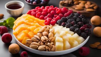 AI generated Fresh fruit salad on wooden table, a healthy summer indulgence generated by AI photo