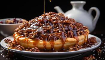 AI generated Fresh homemade pancake stack with chocolate syrup and fruit topping generated by AI photo