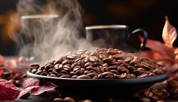 AI generated Fresh coffee bean drink, heat and steam, dark and scented generated by AI photo