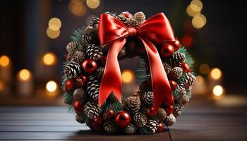 AI generated Winter celebration glowing Christmas tree, gift, illuminated background, shiny ornament generated by AI photo