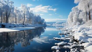 AI generated Winter landscape snow covered trees reflect in tranquil icy pond generated by AI photo