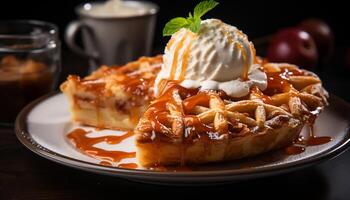 AI generated Freshly baked homemade waffle topped with sweet caramel and whipped cream generated by AI photo