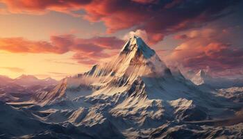 ai generado majestuoso montaña cima, nieve tapado, puesta de sol cielo naturaleza asombroso belleza generado por ai foto