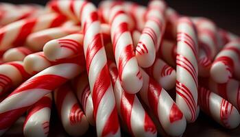 AI generated Candy cane striped dessert, sweet decoration, celebration of peppermint generated by AI photo