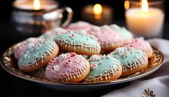 ai generado hecho en casa postre chocolate Galleta con Formación de hielo decoración y vela generado por ai foto